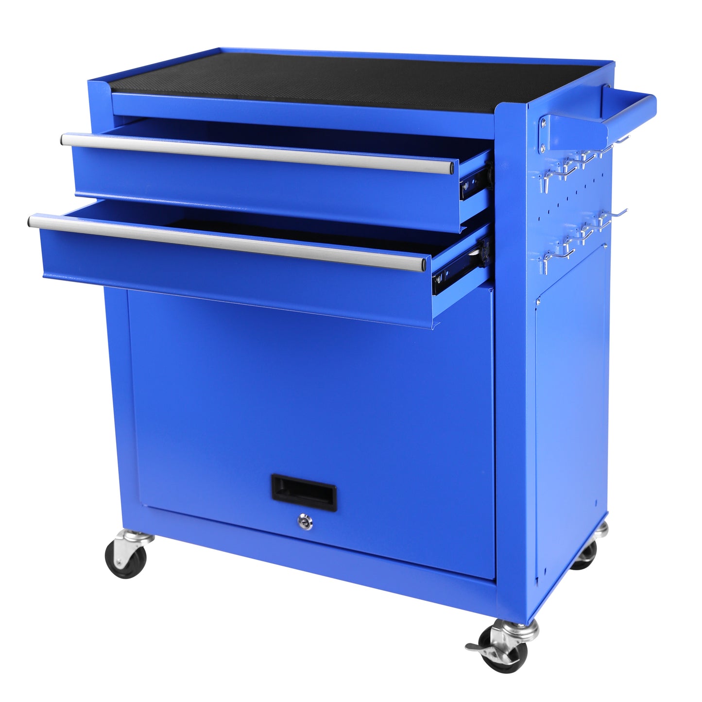 Blue tool cart with multiple drawers on a white background