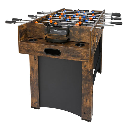 Wooden foosball table with metal rods and ball holders on a white background