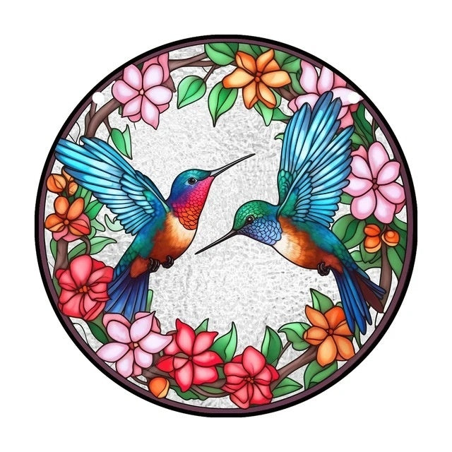 Decorative circular design with two hummingbirds and colorful flowers.