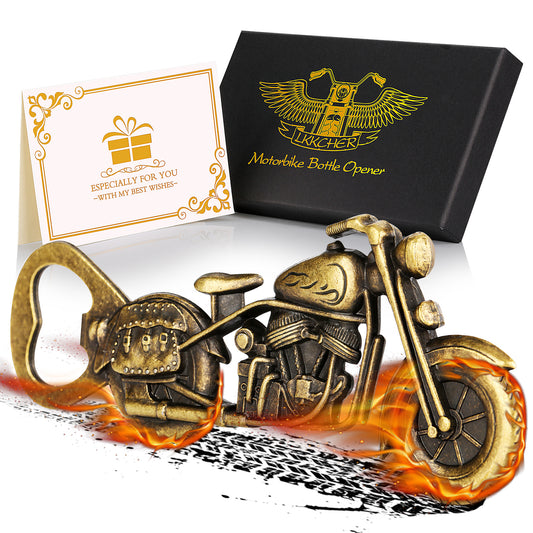 Motorcycle-shaped bottle opener with decorative box and card on a white background