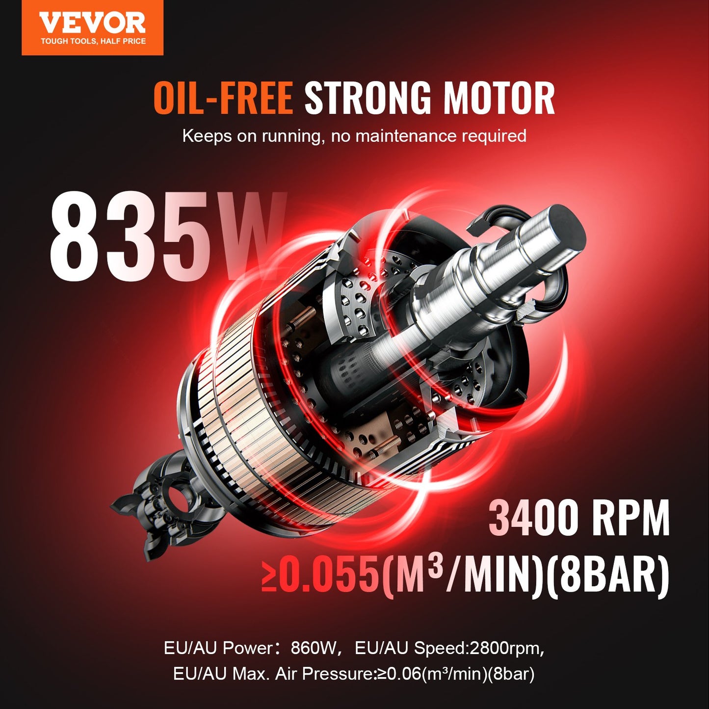 Oil-free strong motor with technical specifications on a red background, featuring the VEVOR brand.