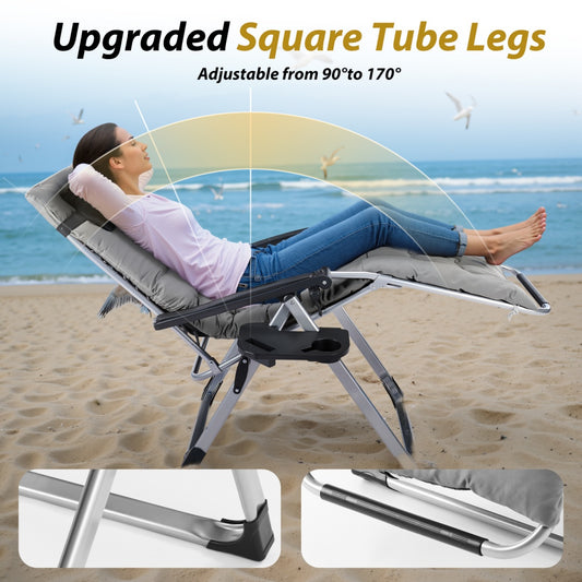 Person relaxing on a beach chair with upgraded square tube legs, ocean view in the background.