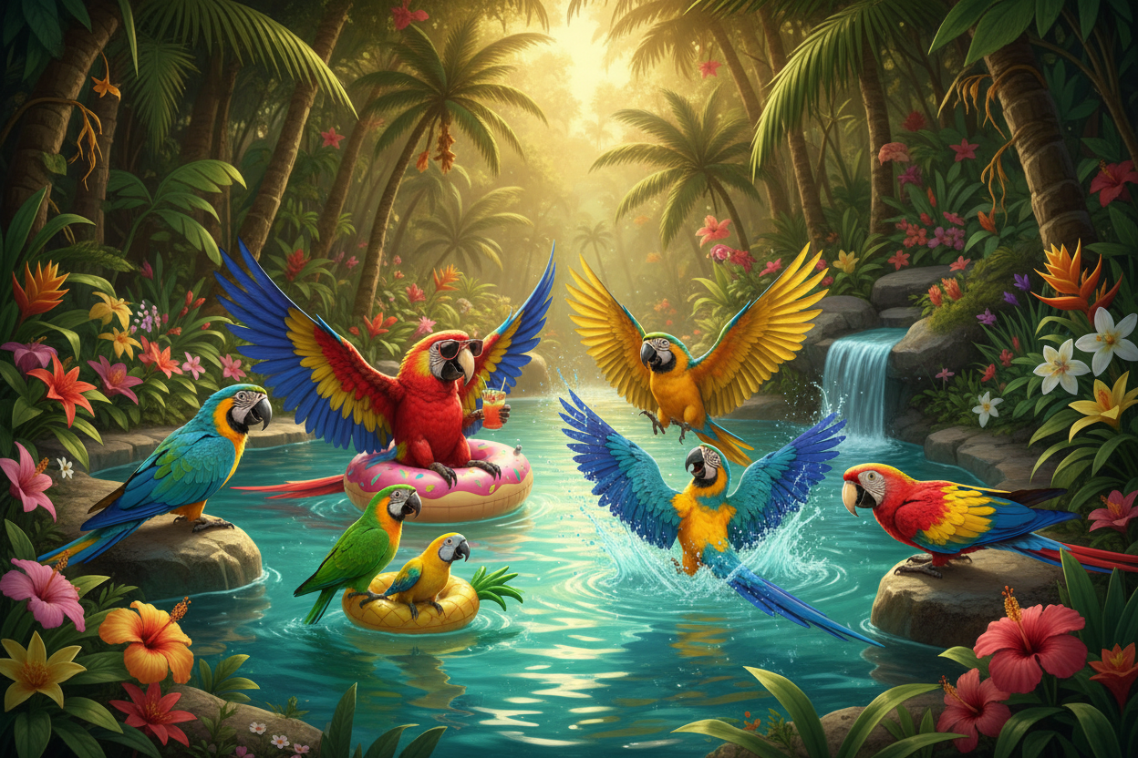 Parrots having a pool party