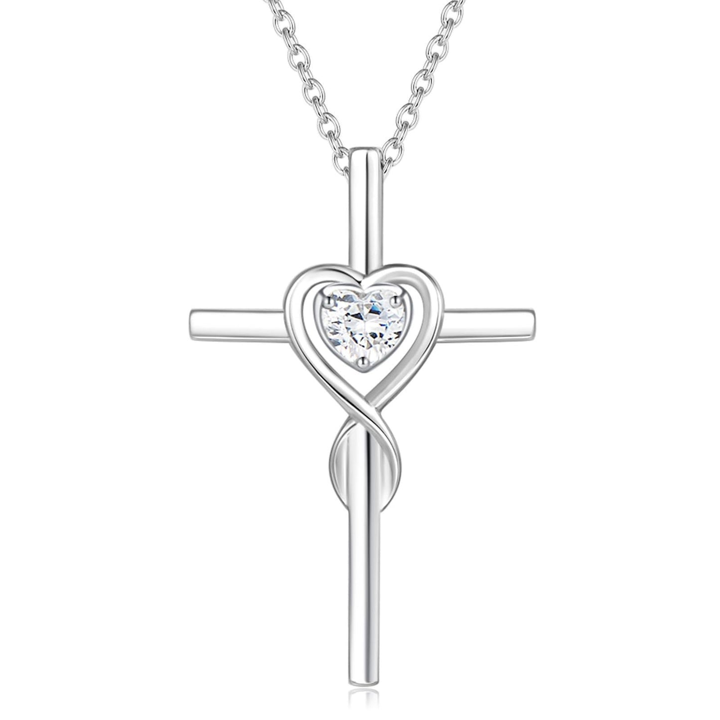 Birthstone Silver cross pendant with heart-shaped center and diamond on a white background