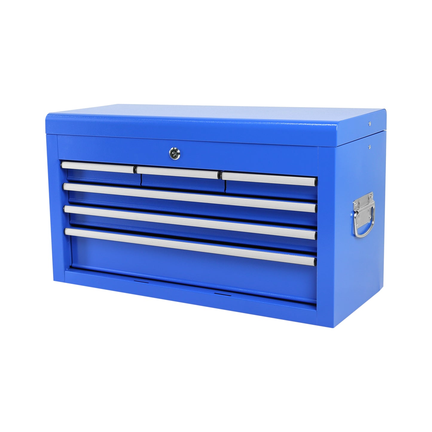Blue tool chest with multiple drawers on a white background
