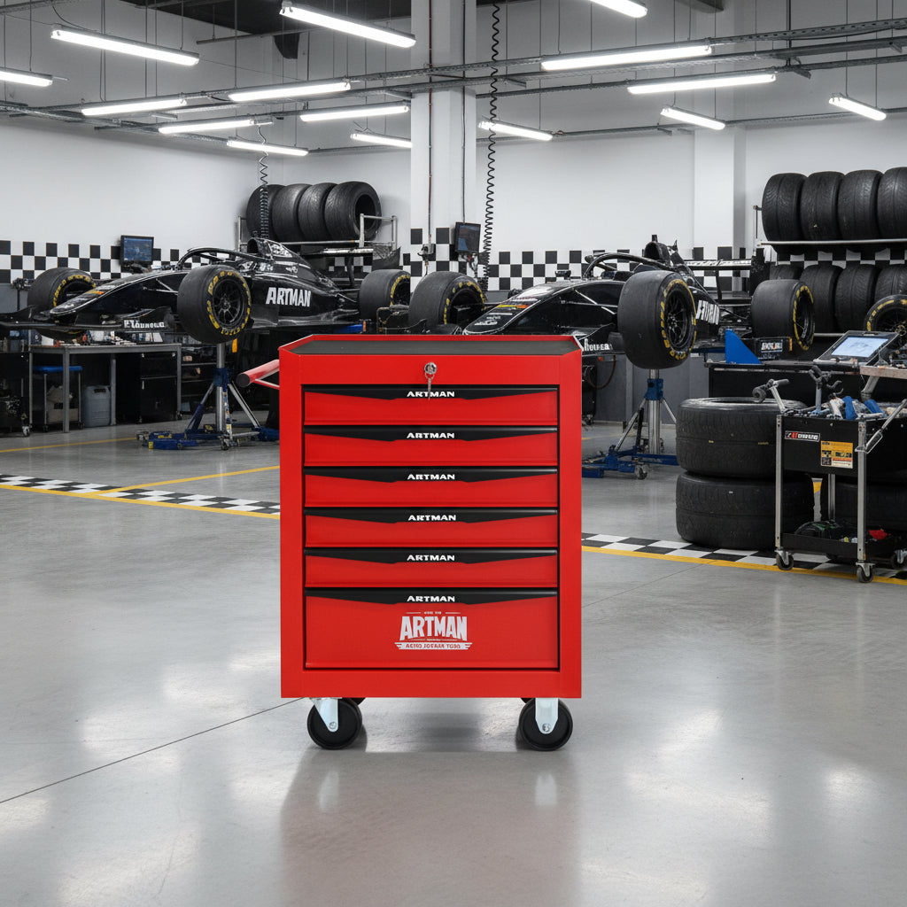 Red tool chest with multiple drawers and Artman branding on a white background
