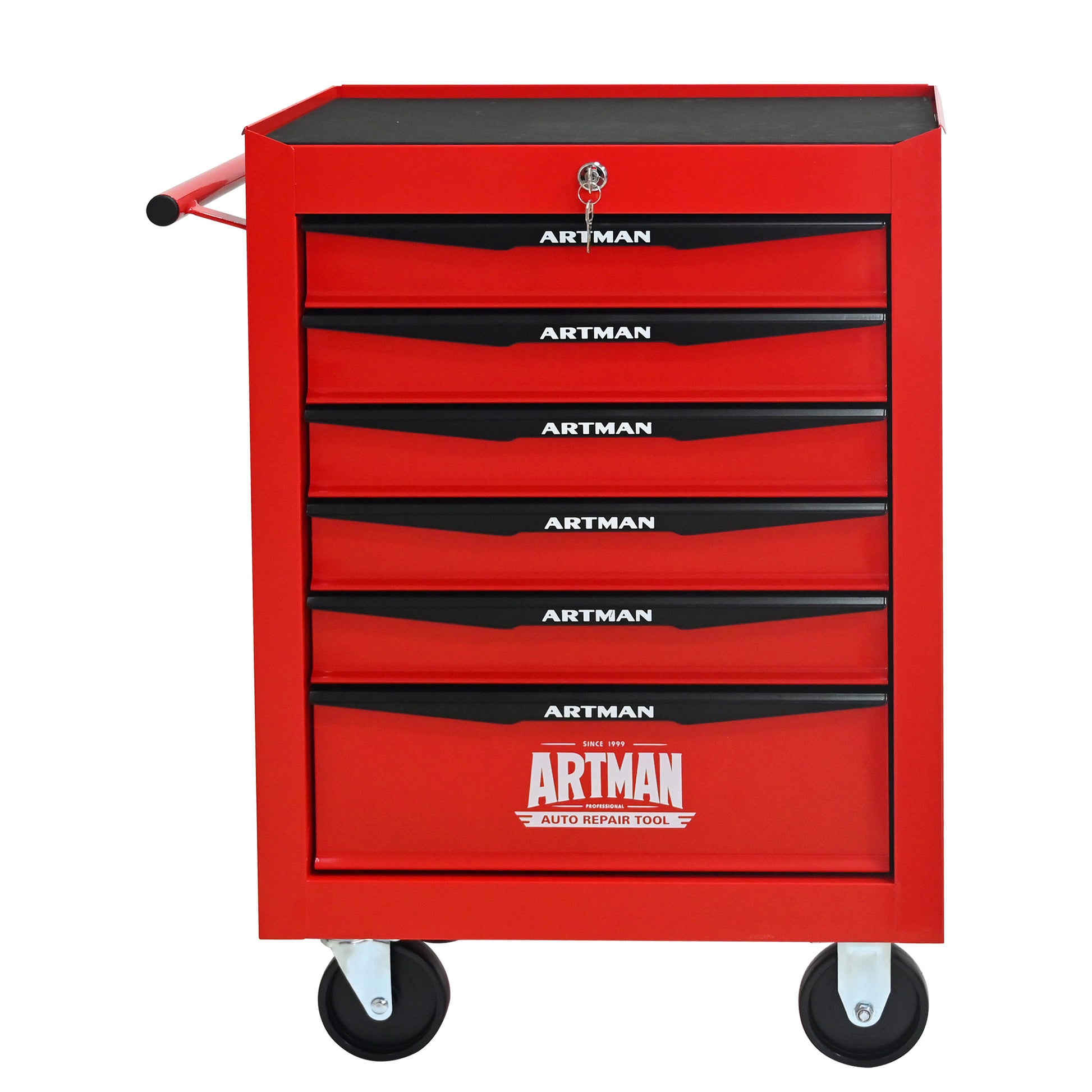 Red tool chest with multiple drawers and Artman branding on a white background