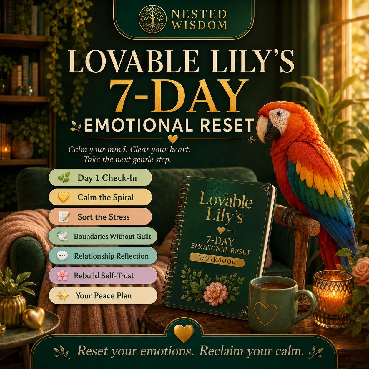 Promotional image for 'Lovable Lily's 7-Day Emotional Reset' with a parrot and cozy interior setting.
