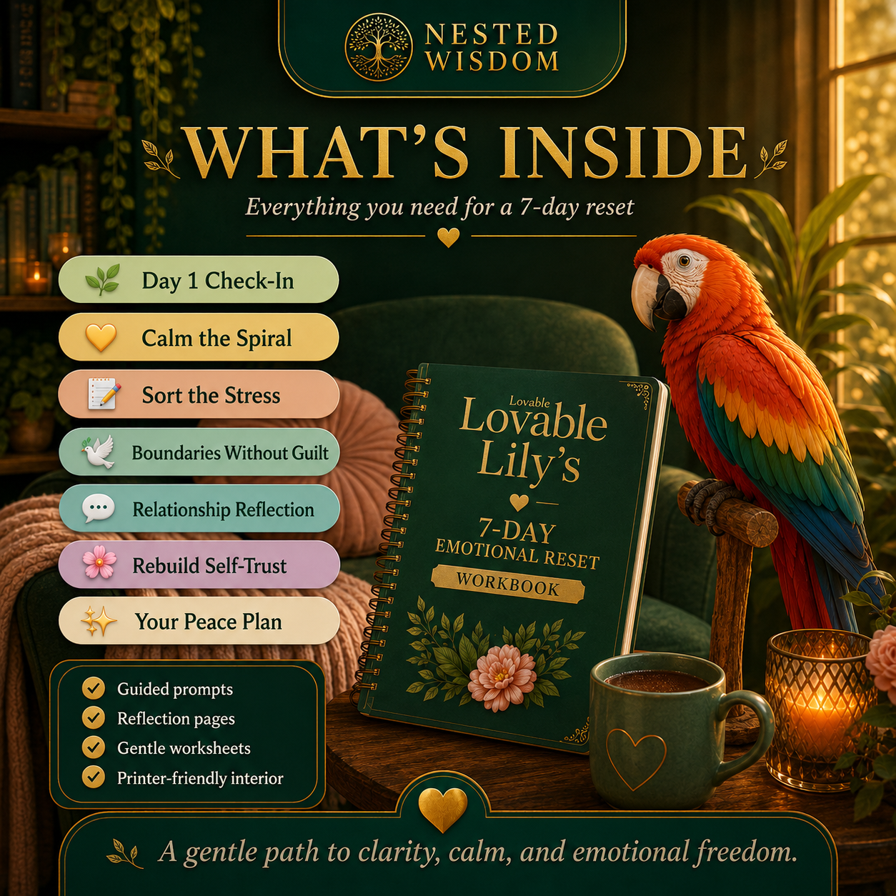 Promotional image of 'Lovable Lily's 7-Day Emotional Reset Workbook' with a parrot and cozy setting.