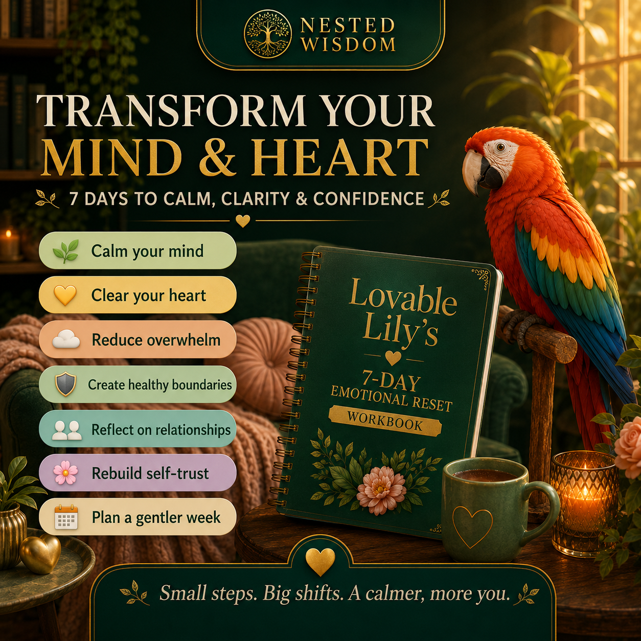 Promotional image for 'Lovable Lily's 7-Day Emotional Reset Workbook' with a parrot, mug, and candles.