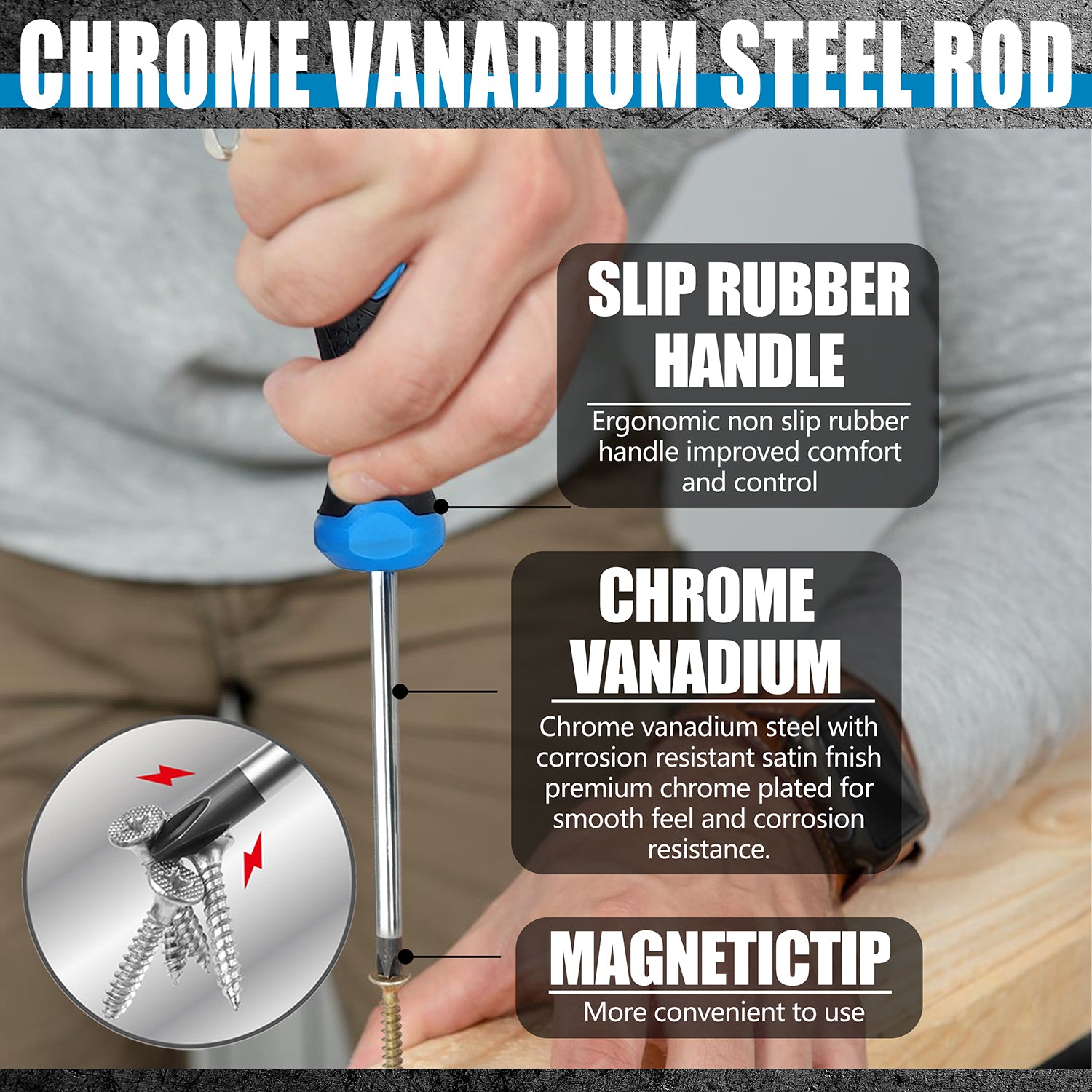 Chrome vanadium steel rod with slip rubber handle held by a person, labeled features.