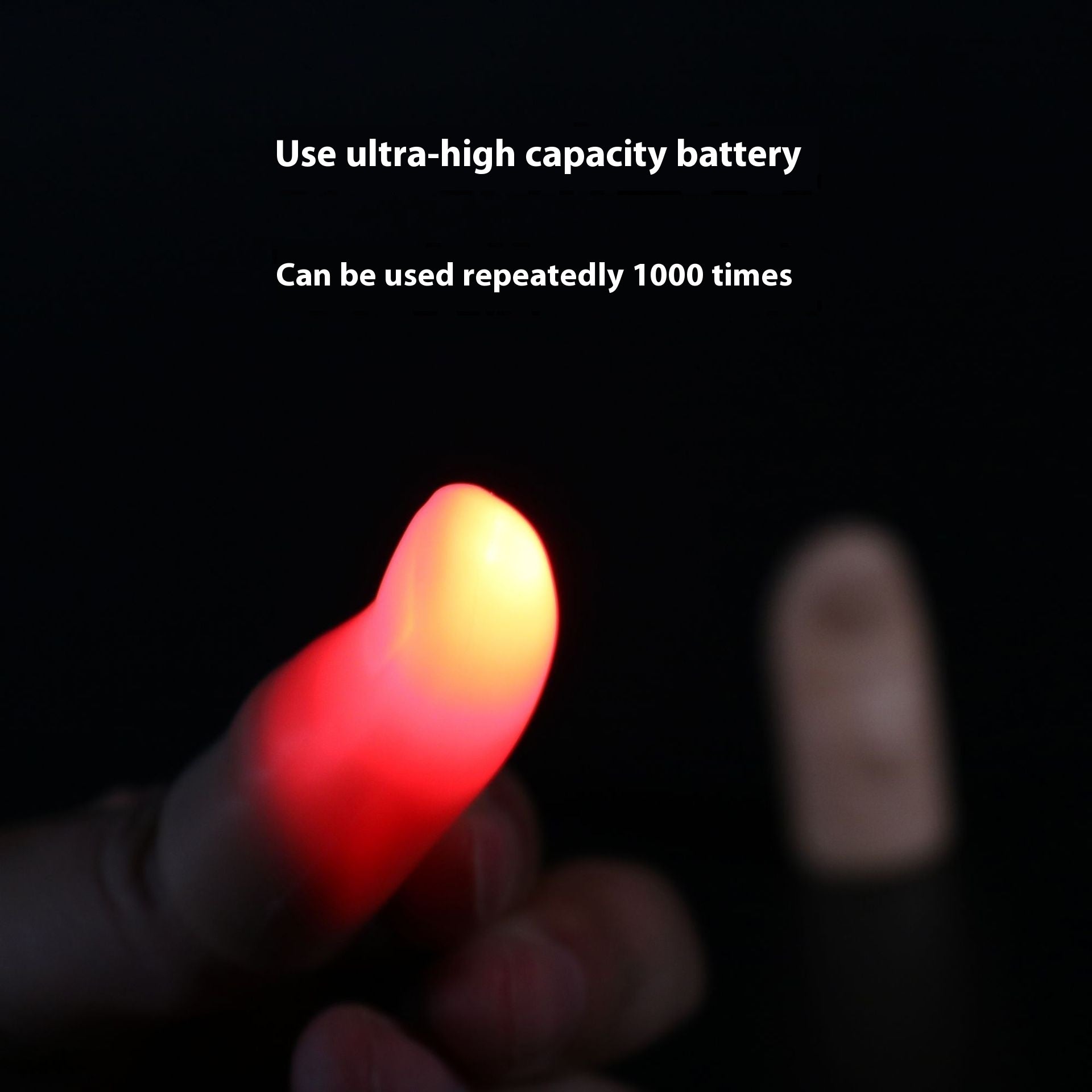 Finger with a glowing red and yellow object against a black background, with text about battery capacity.