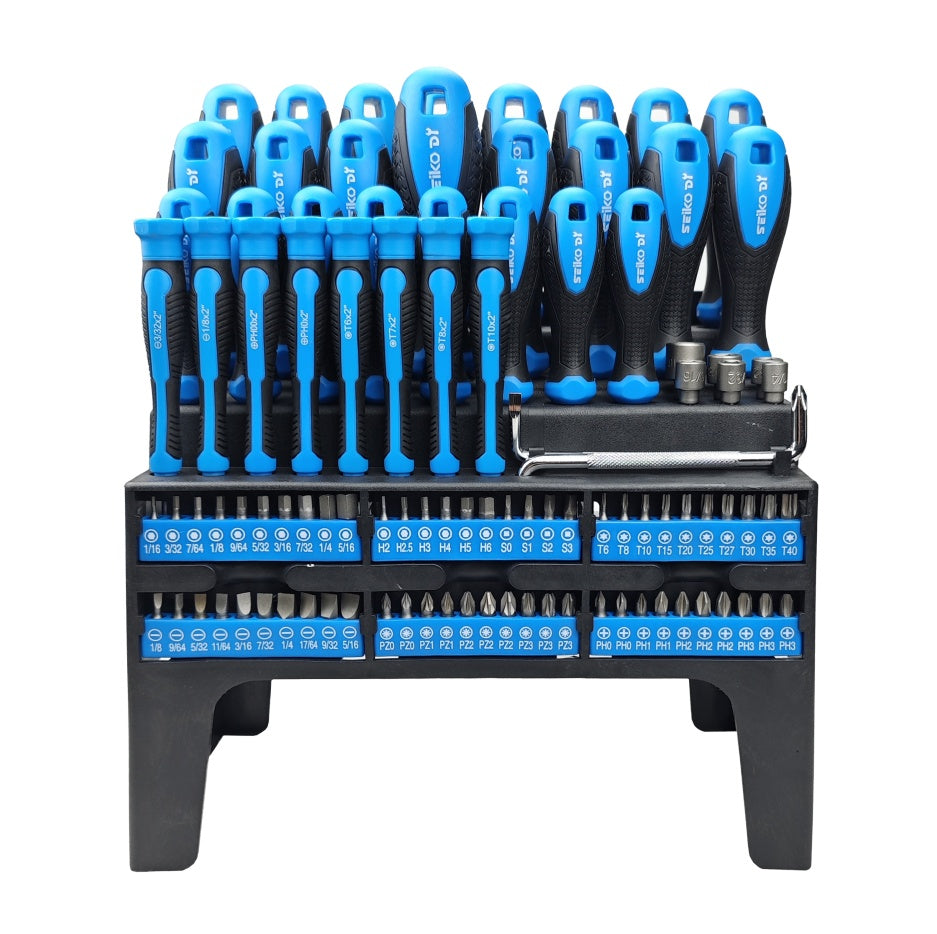 Set of screwdrivers and bits on a black stand with blue handles.