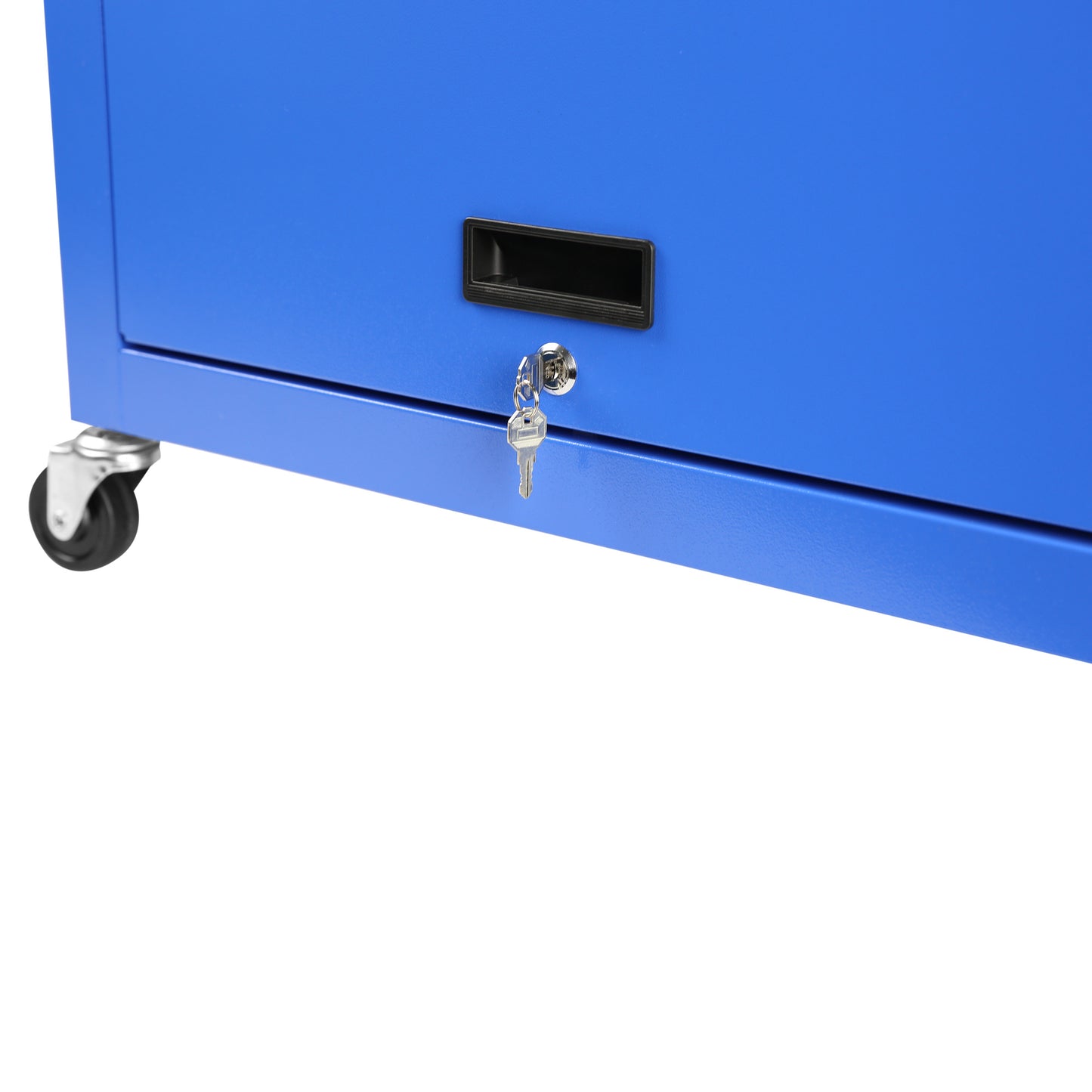 Blue metal cabinet with a lock on a white background