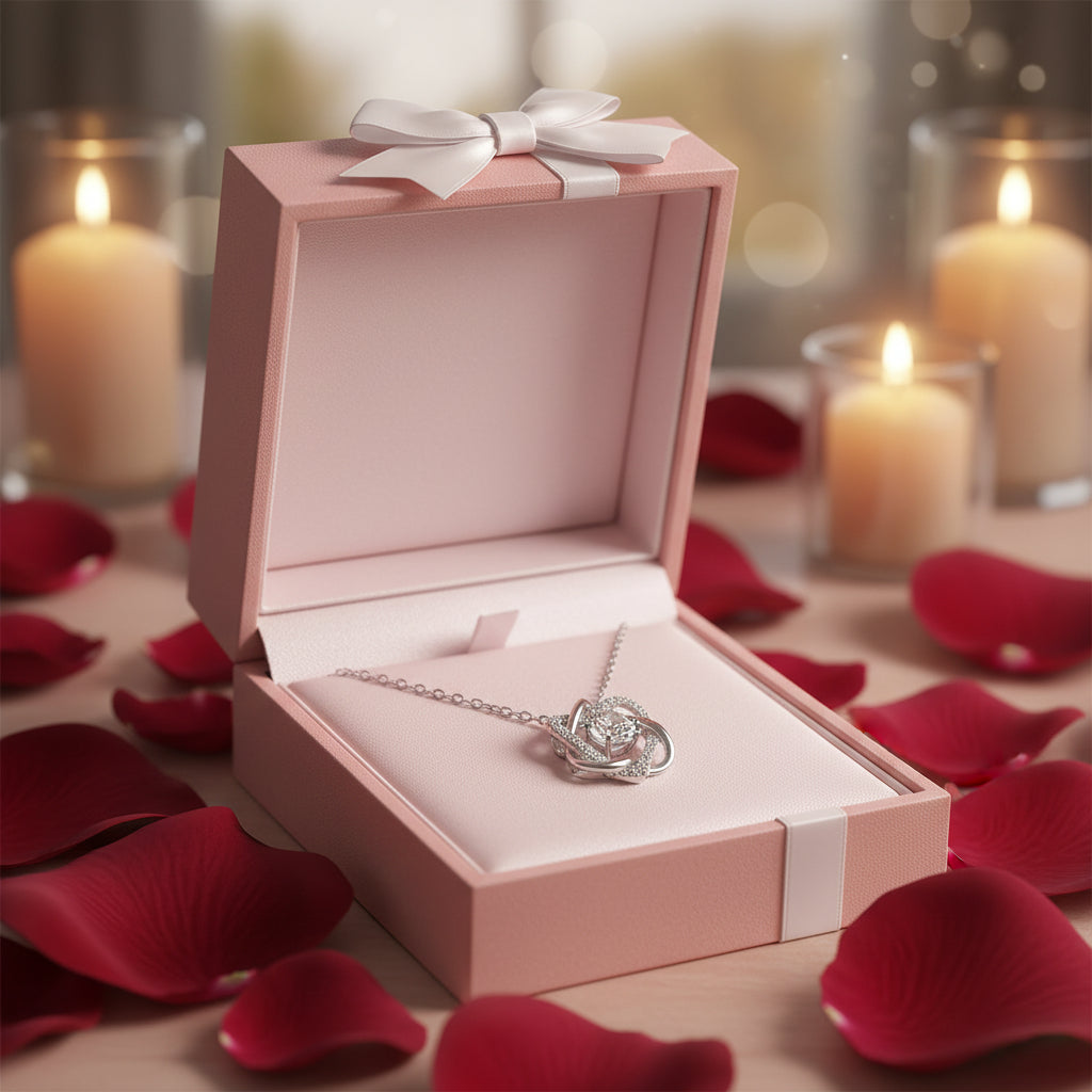 Silver necklace with a heart-shaped pendant on a white background