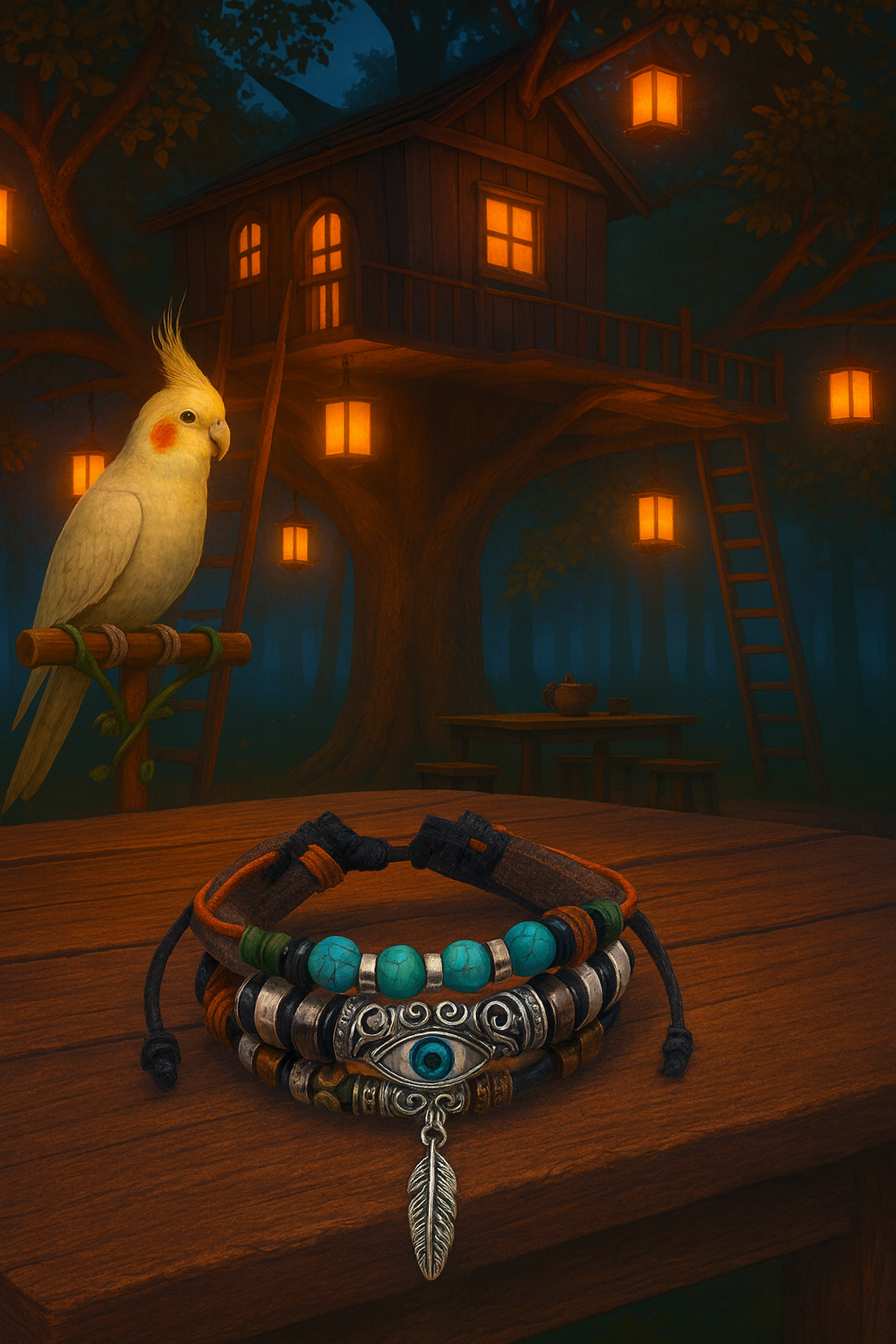 Ethnic-Style Leather & Hemp Rope Bracelet with Feather & Turquoise Beads
