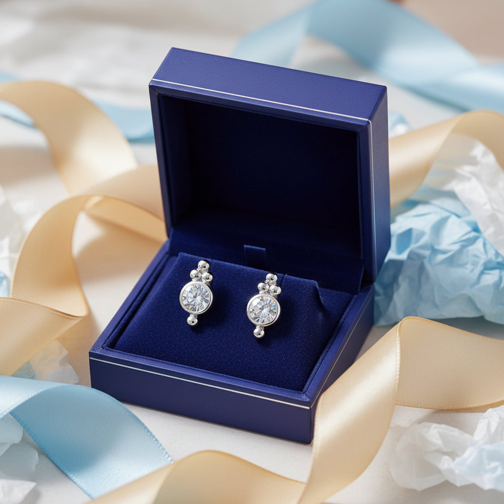 Silver earrings with round gemstones in a gift box for her