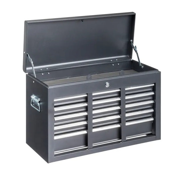 Gray tool chest with multiple drawers on a white background