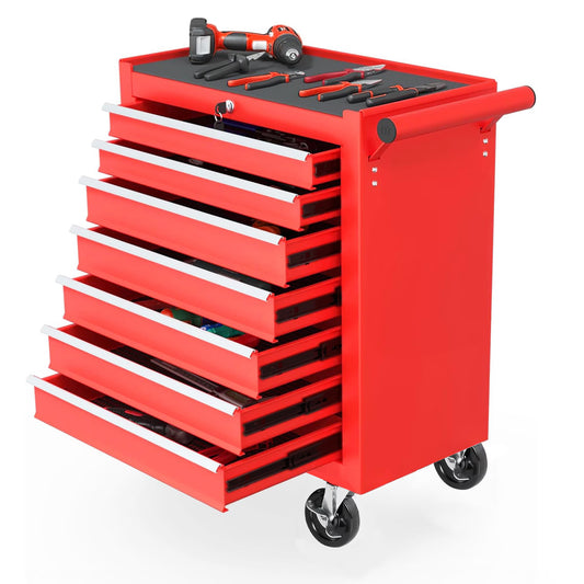 Red tool chest with multiple drawers and tools on a white background