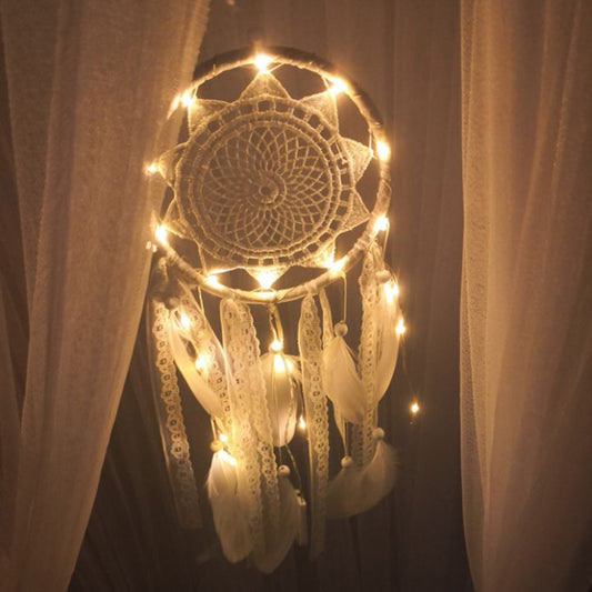 Decorative dreamcatcher with lights against a dark background