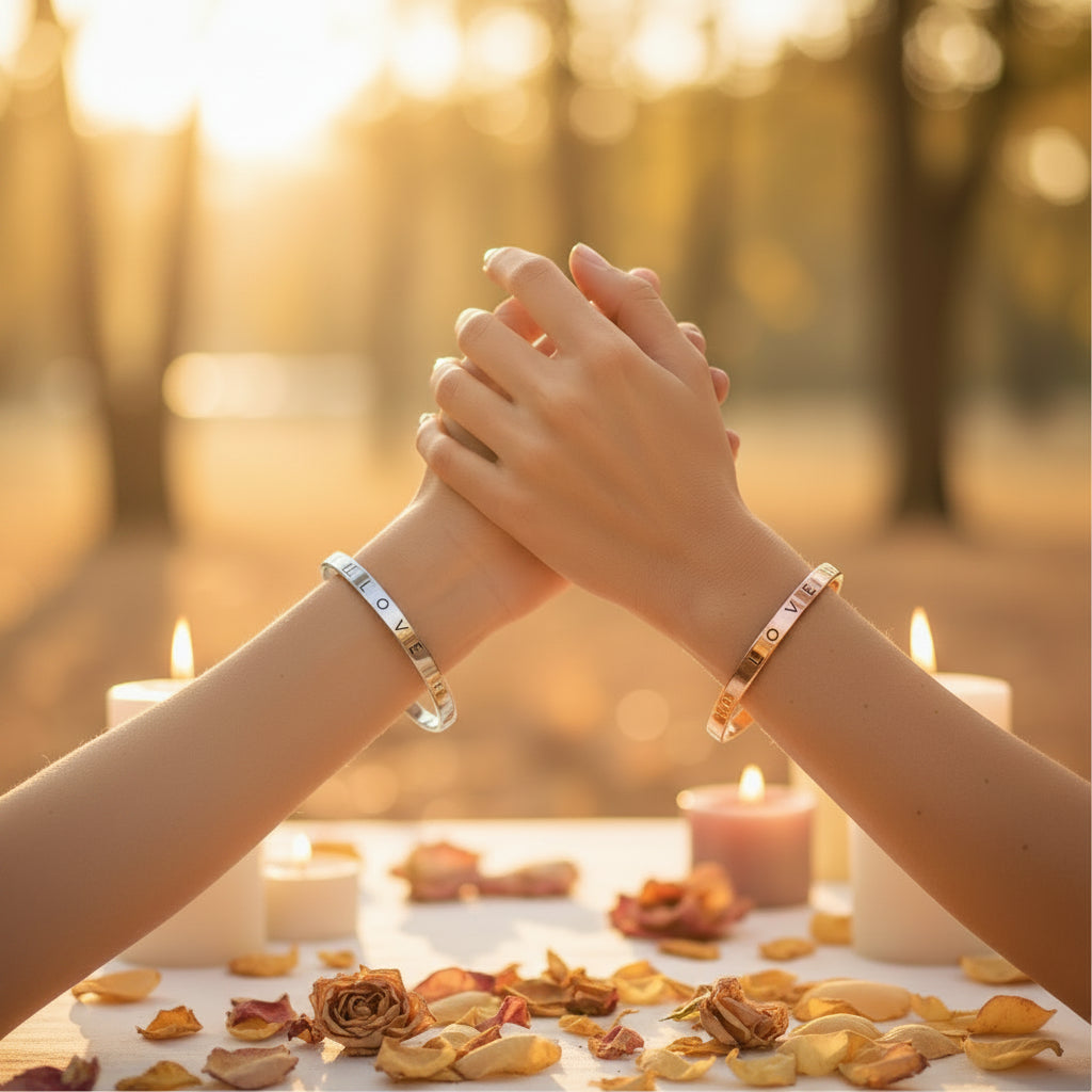 Gold and silver bracelets that say love on them on a loving couples arms