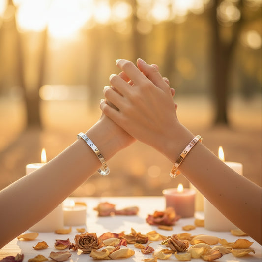 Gold and silver bracelets that say love on them on a loving couples arms