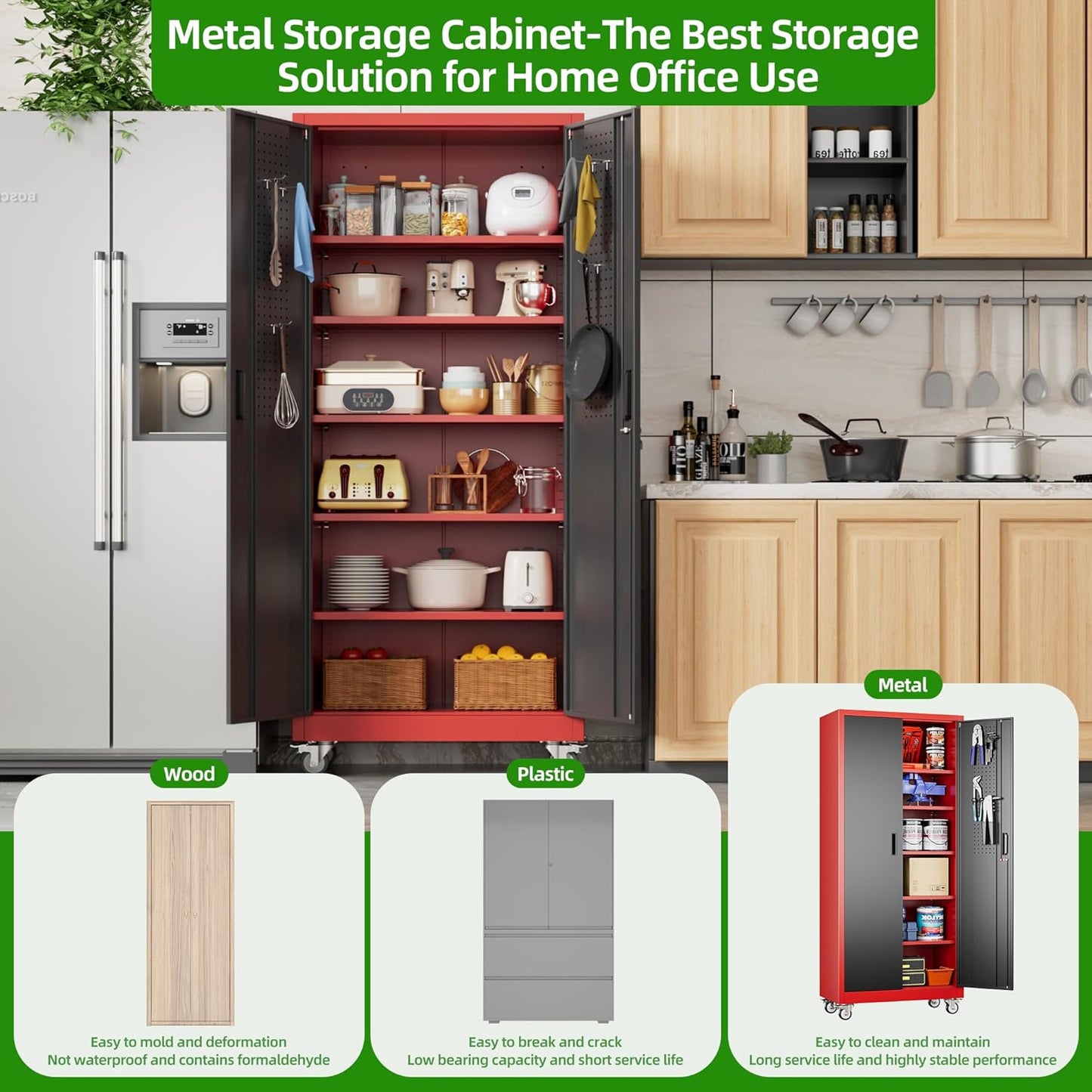 Metal storage cabinet shown in a kitchen setting with text about its benefits.