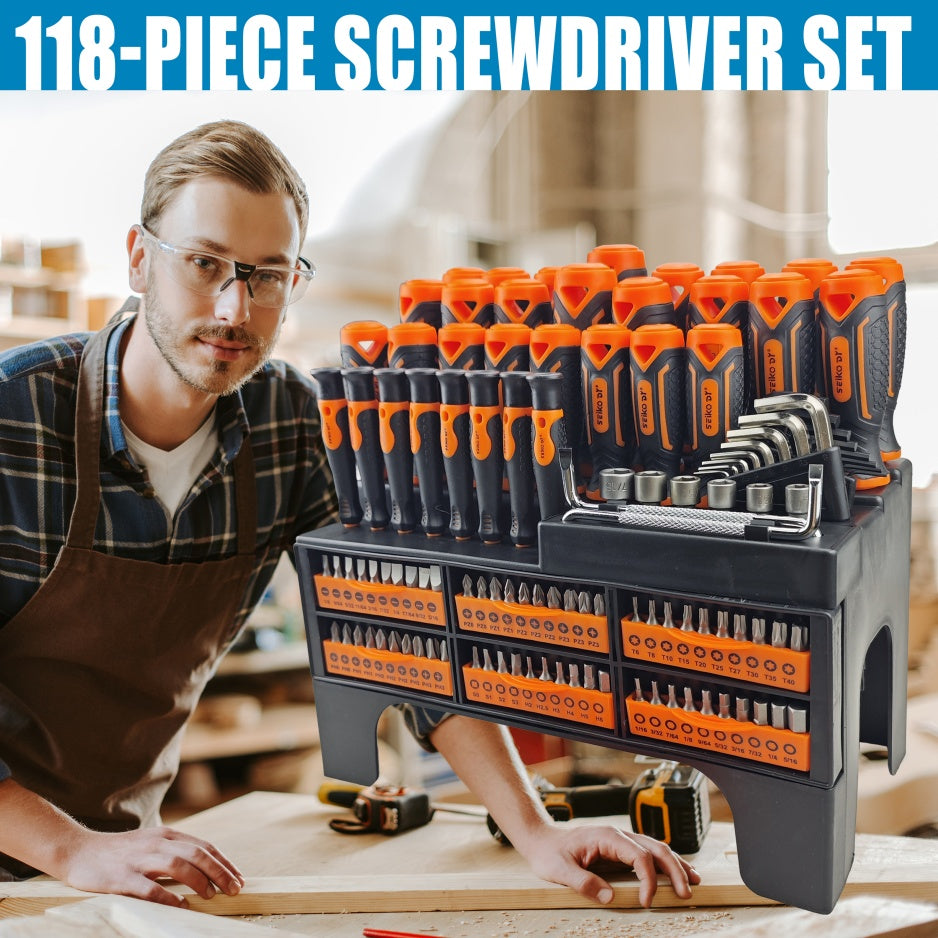 118-piece screwdriver set with a man working on a project in the background