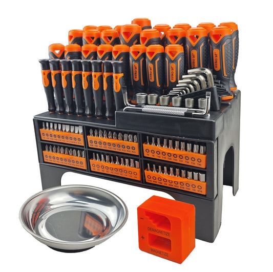 Set of tools including screwdrivers, bits, and a tray on a white background