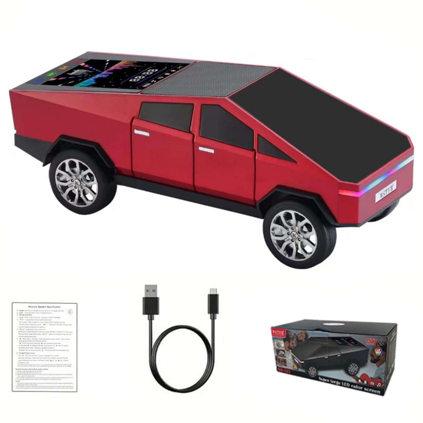 Red toy truck with screen, USB cable, and packaging on a white background from Nested Wisdom