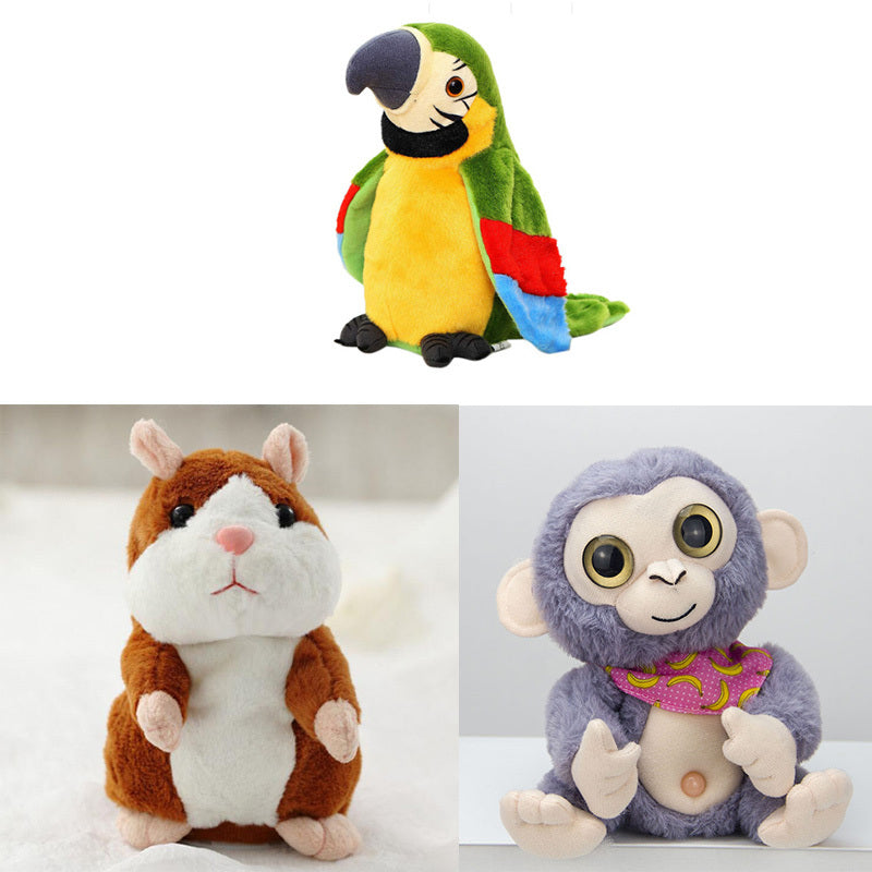 Three plush toys: a parrot, a hamster, and a monkey, on a white background.