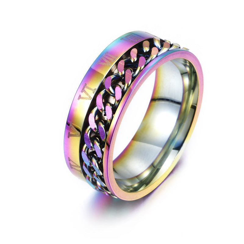 Multicolored ring with chain design on a white background