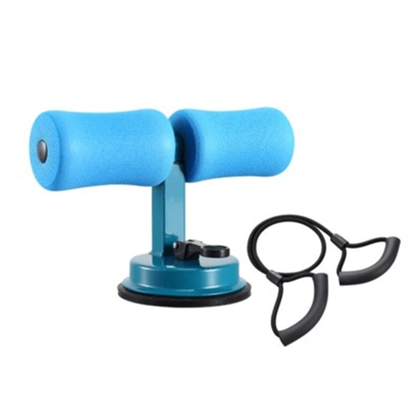 Blue  exercise device with black resistance band on a white background