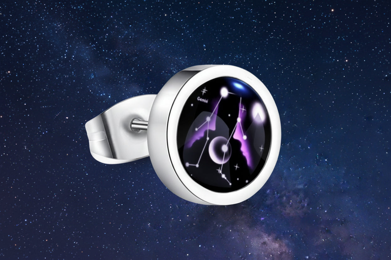 Silver ring with a purple celestial design on a white background from nested wisdom