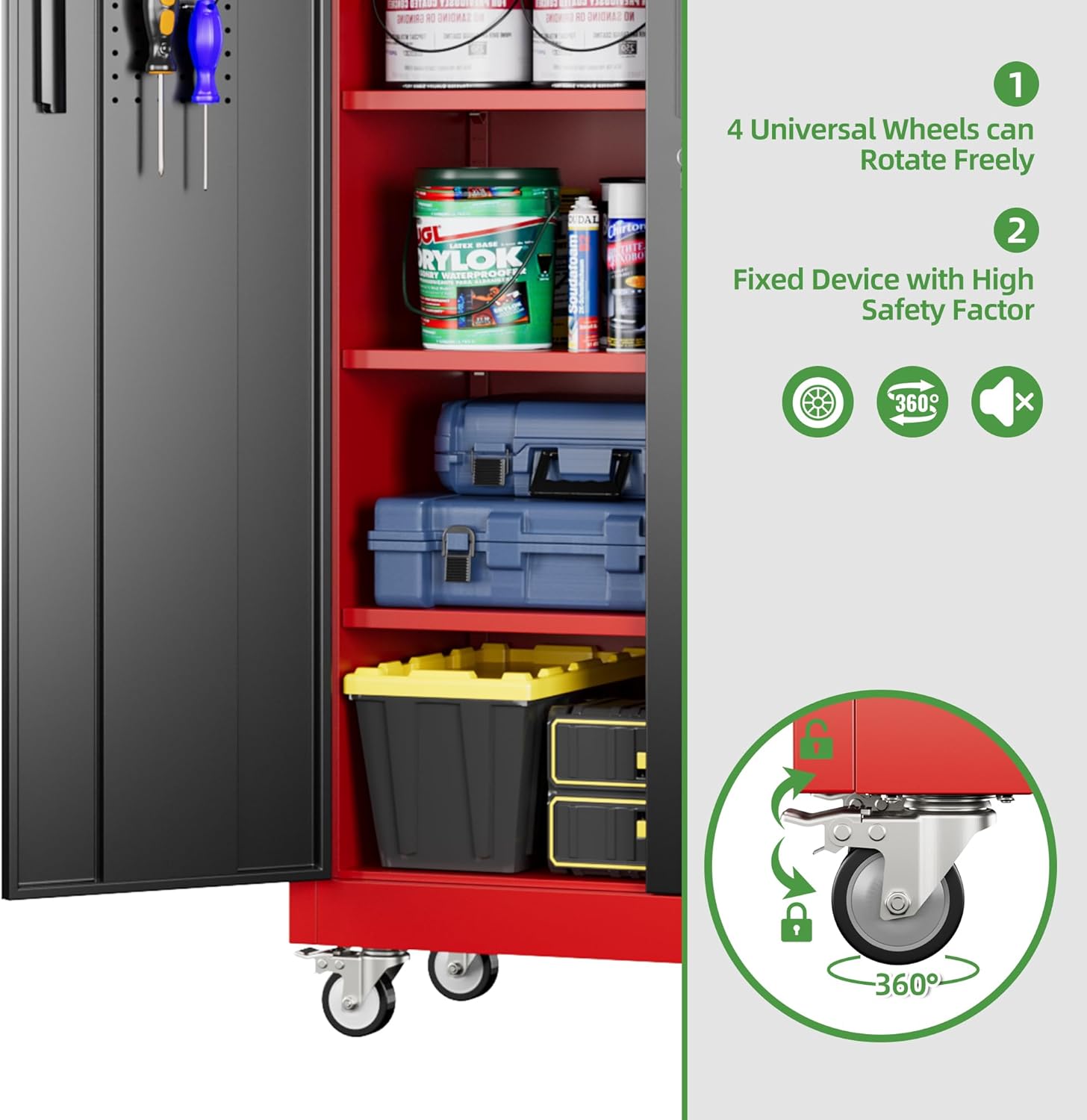Red storage cabinet with wheels filled with tools and supplies, featuring text about wheel features.