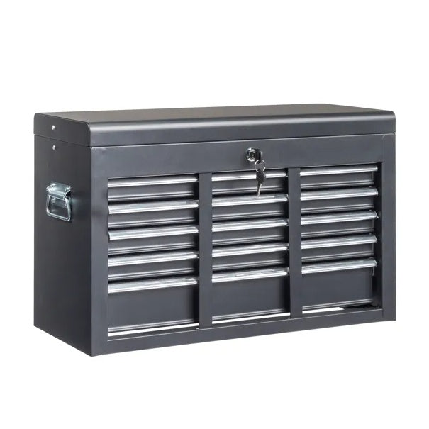 Gray tool chest with multiple drawers on a white background