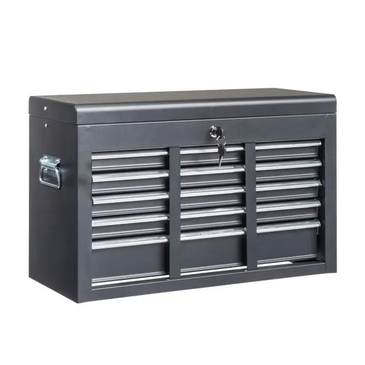 Gray tool chest with multiple drawers on a white background