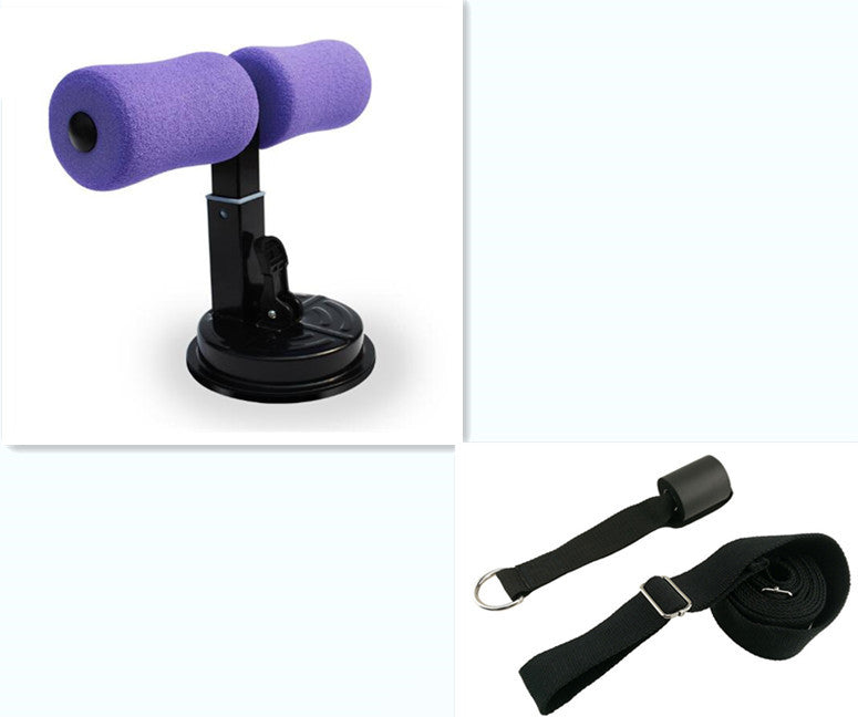 Purple exercise sit up device and black resistance band on a white background