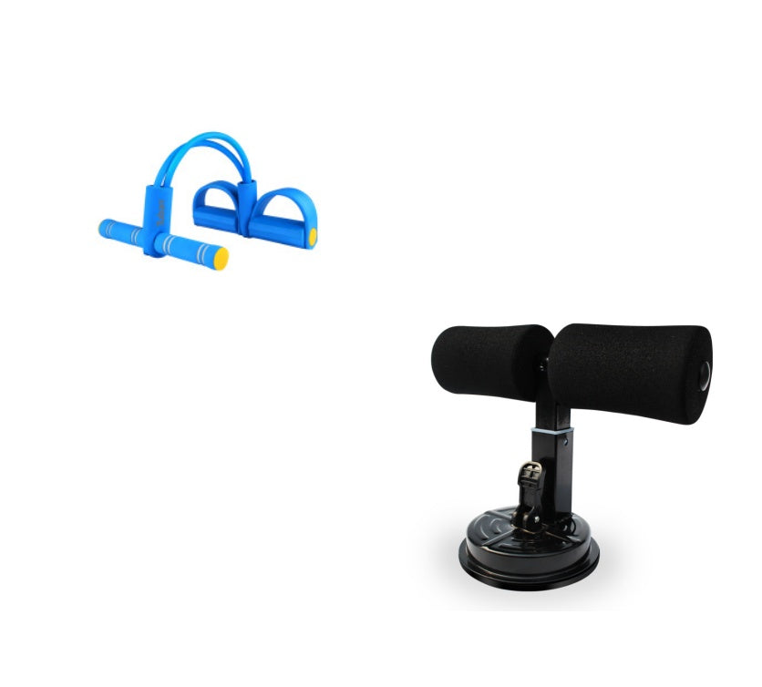 Black arm exercise device with blue resistance bands on a white background