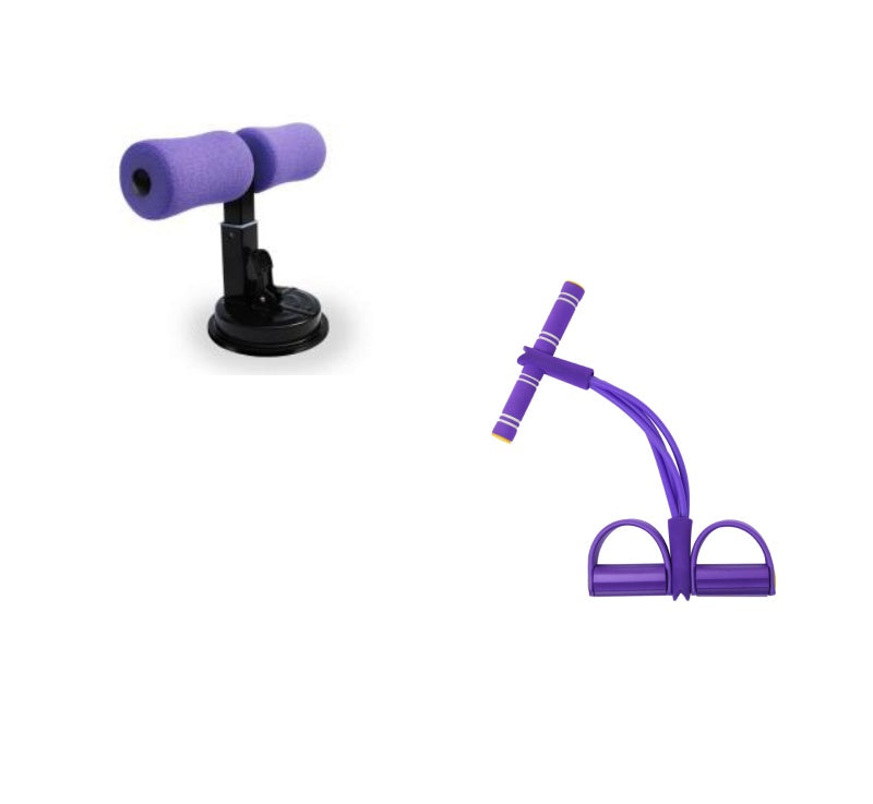Purple exercise equipment including a resistance band on a white background