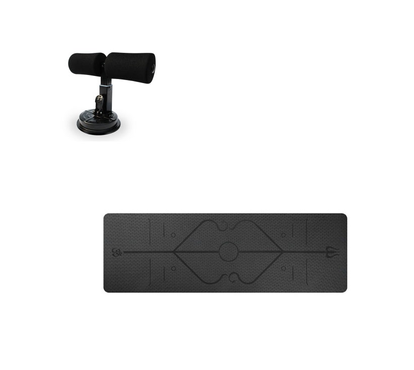 Black yoga mat with design and black sit up device on a white background
