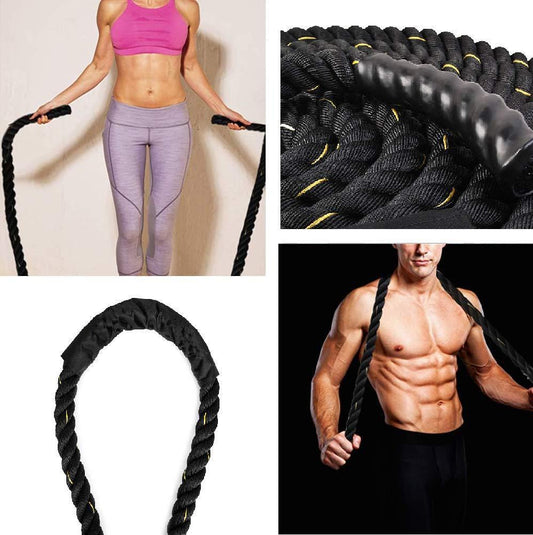 Collage of a person using battle ropes, close-up of the ropes, and a person holding the ropes.