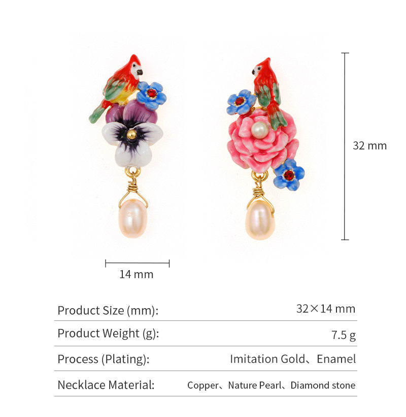 Colorful earrings with parrot and flower designs, shown with measurements on a white background.
