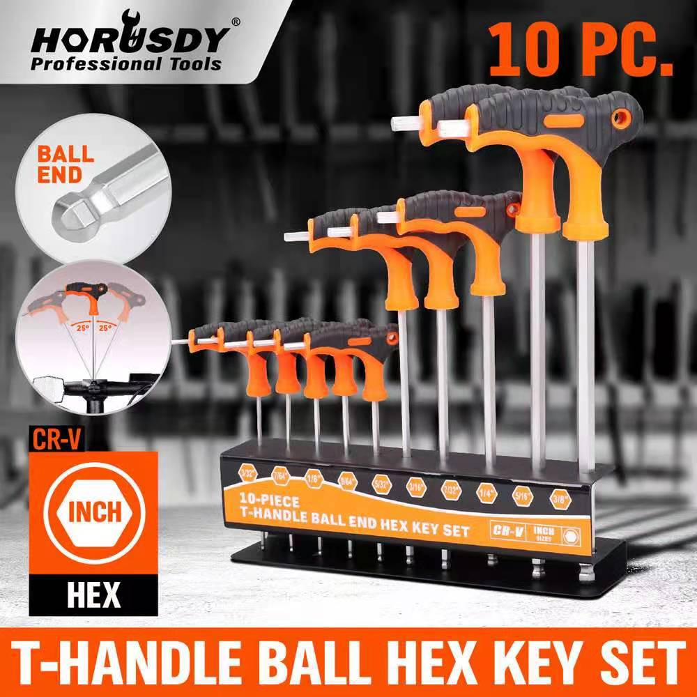 10-piece T-handle ball hex key set with stand and branding on a blurred background