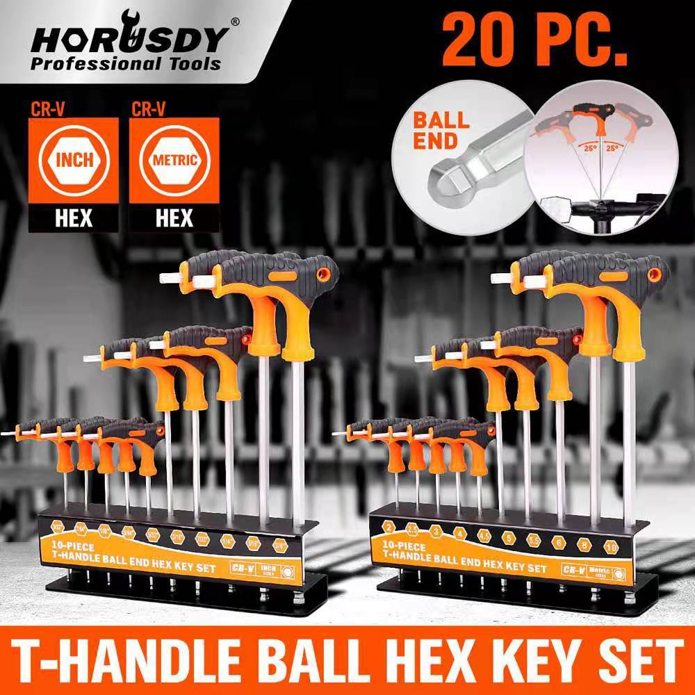Horusdy T-handle ball hex key set with 20 pieces on a stand, showing inch and metric measurements.