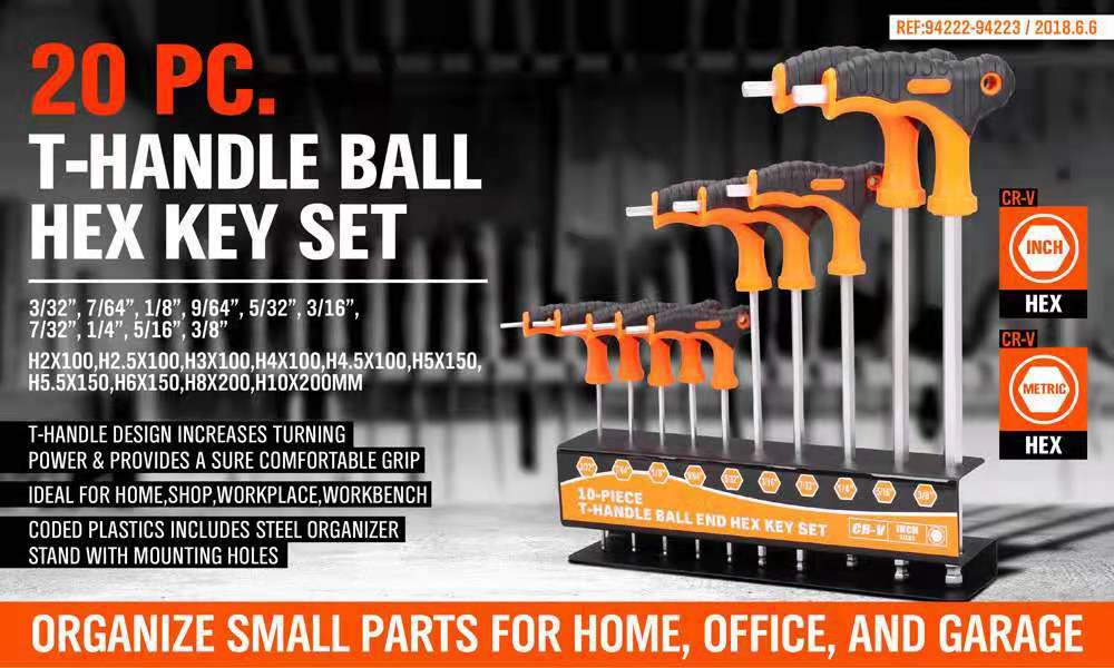 20-piece T-handle ball hex key set with holder on a dark background