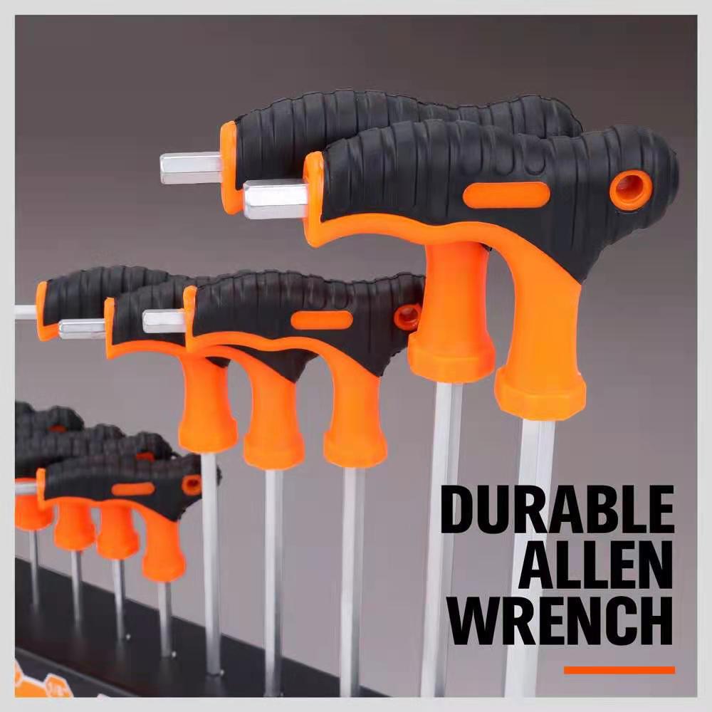 Set of durable Allen wrenches with black and orange handles on a gray background.