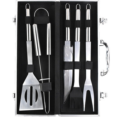 Set of barbecue tools in a black case with a brand logo.