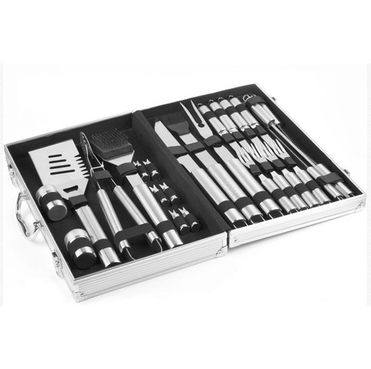 Set of barbecue tools in a metal case on a white background