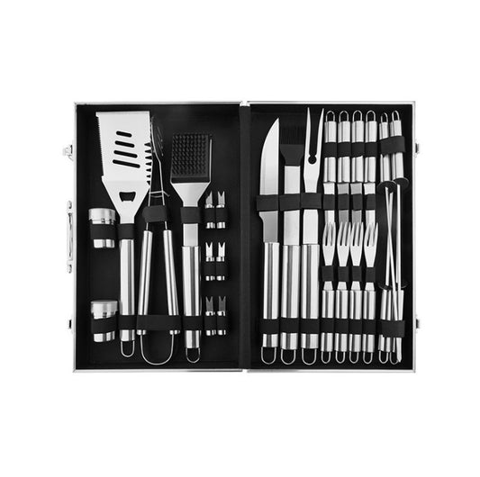 Set of barbecue tools in a black case on a white background